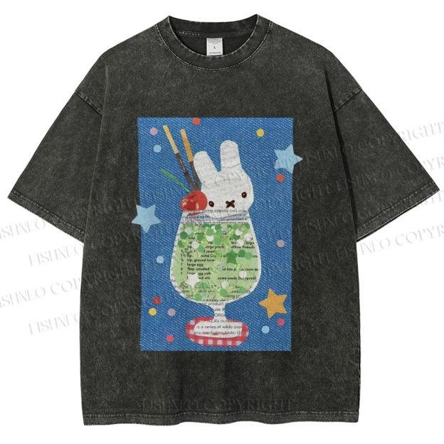 Unisex Cute Miffy Rabbit in Drink Printed Washed Tee