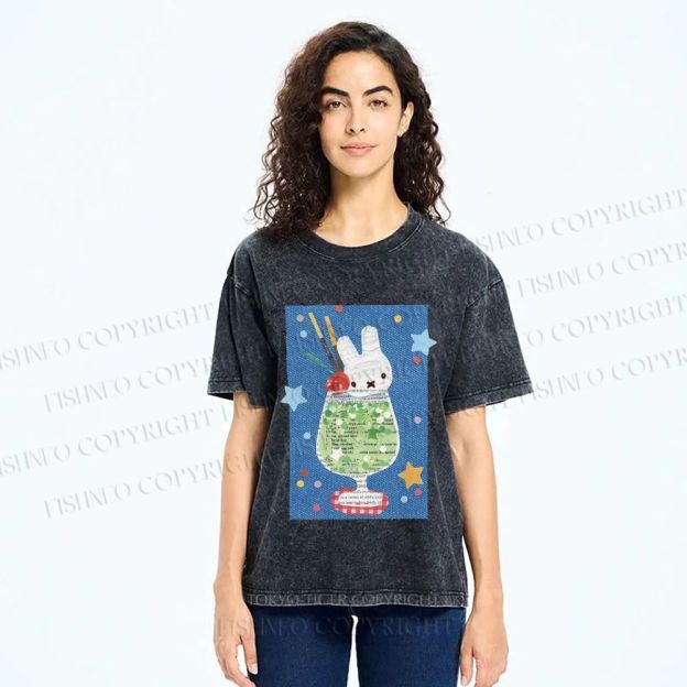 Unisex Cute Miffy Rabbit in Drink Printed Washed Tee