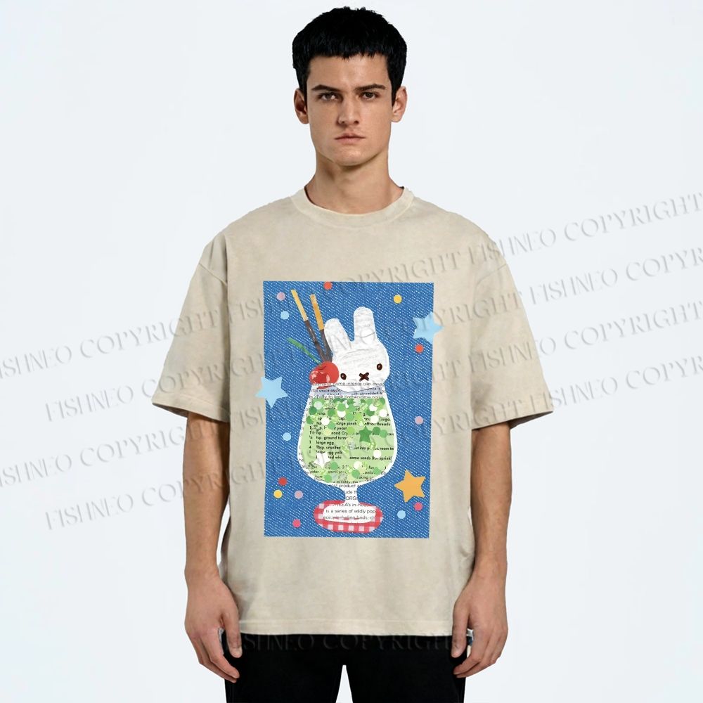 Unisex Cute Miffy Rabbit in Drink Printed Washed Tee