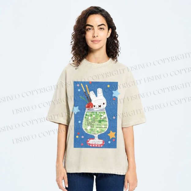Unisex Cute Miffy Rabbit in Drink Printed Washed Tee