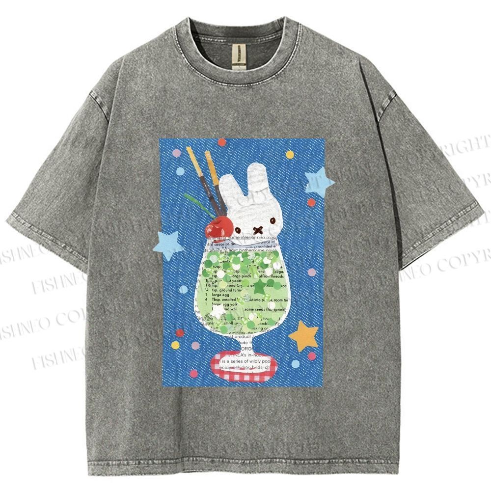 Unisex Cute Miffy Rabbit in Drink Printed Washed Tee