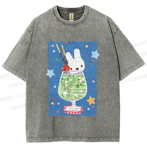 Unisex Cute Miffy Rabbit in Drink Printed Washed Tee