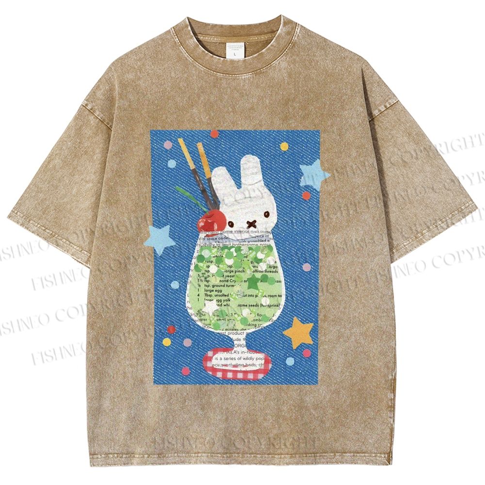 Unisex Cute Miffy Rabbit in Drink Printed Washed Tee
