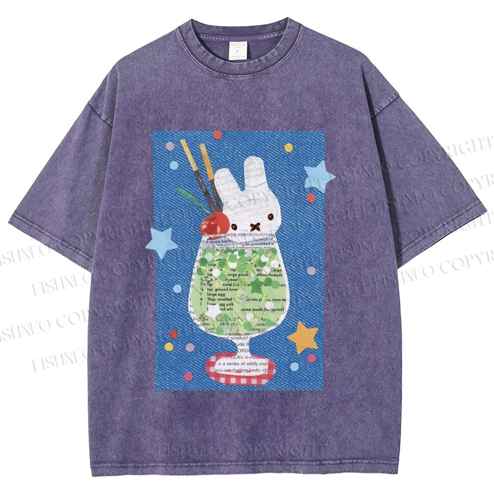 Unisex Cute Miffy Rabbit in Drink Printed Washed Tee