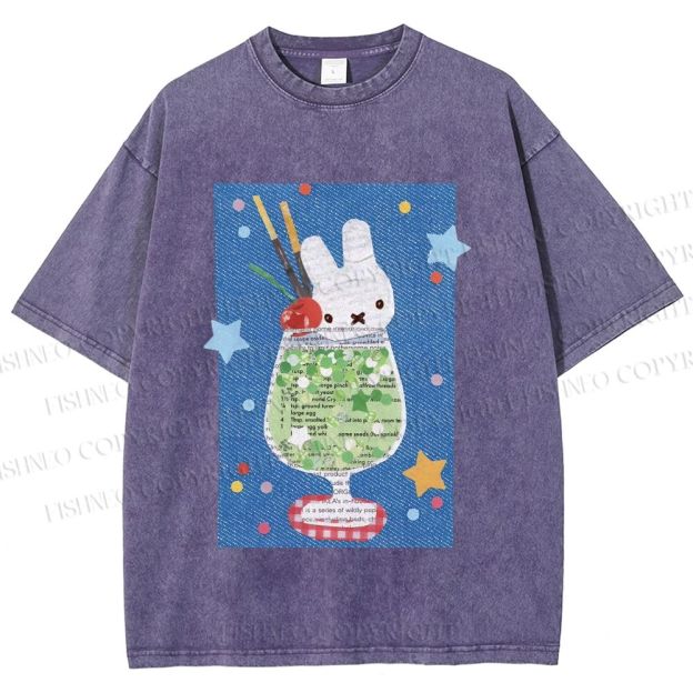 Unisex Cute Miffy Rabbit in Drink Printed Washed Tee