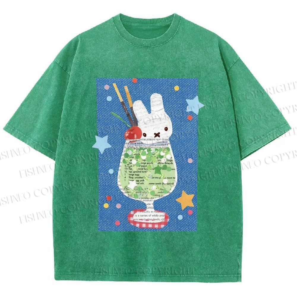 Unisex Cute Miffy Rabbit in Drink Printed Washed Tee