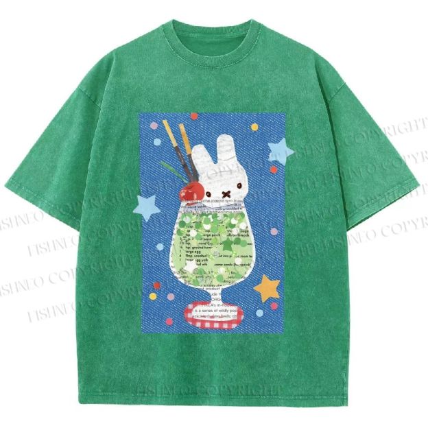 Unisex Cute Miffy Rabbit in Drink Printed Washed Tee