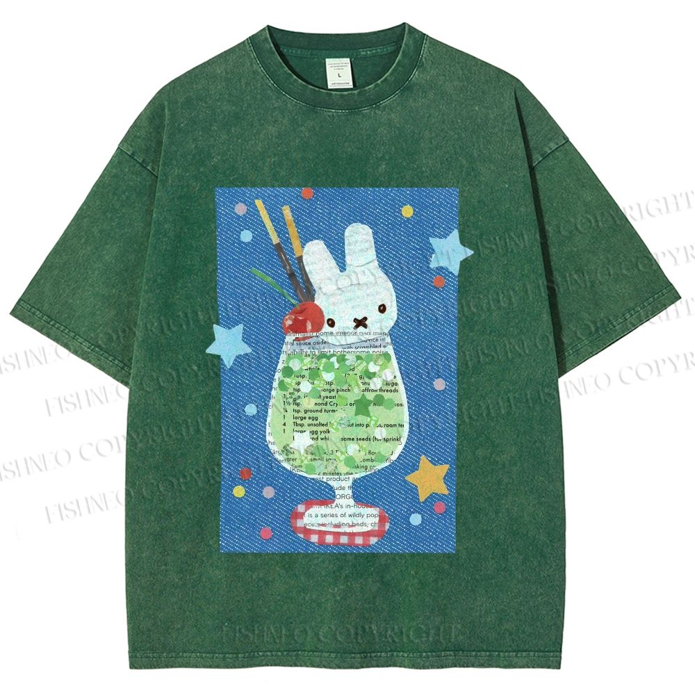 Unisex Cute Miffy Rabbit in Drink Printed Washed Tee