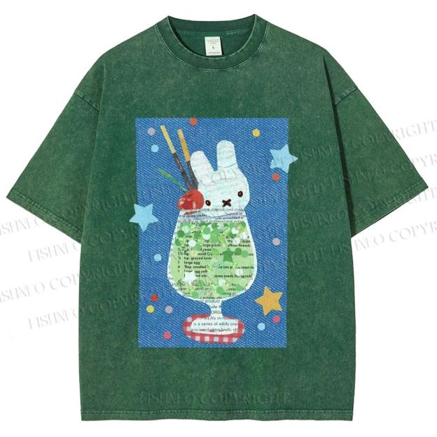 Unisex Cute Miffy Rabbit in Drink Printed Washed Tee
