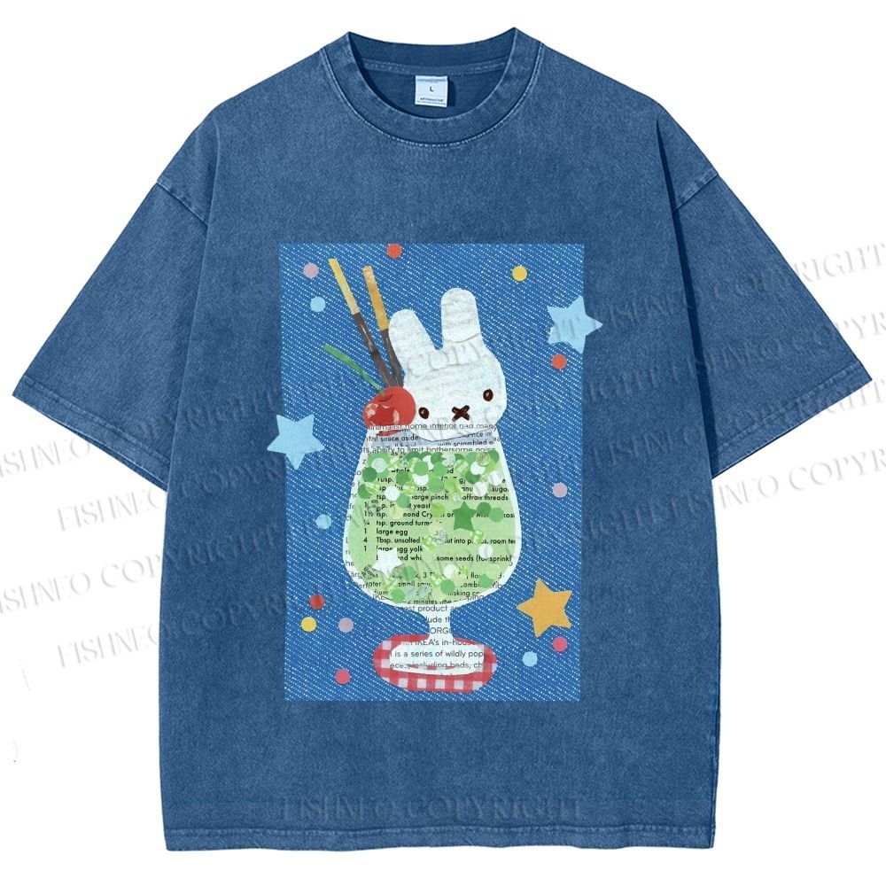 Unisex Cute Miffy Rabbit in Drink Printed Washed Tee