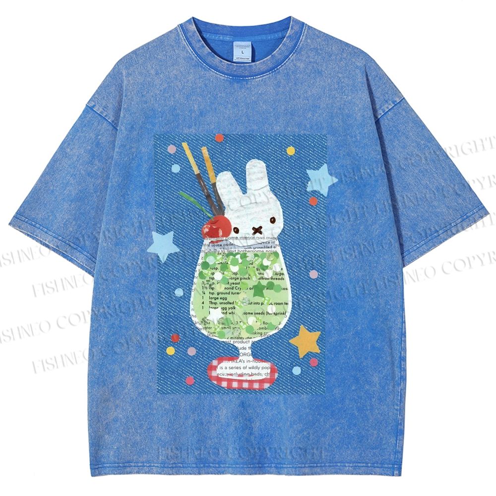 Unisex Cute Miffy Rabbit in Drink Printed Washed Tee