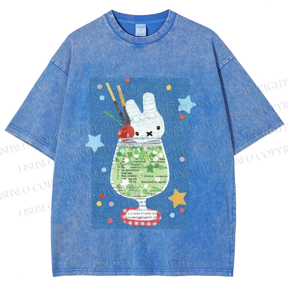 Unisex Cute Miffy Rabbit in Drink Printed Washed Tee