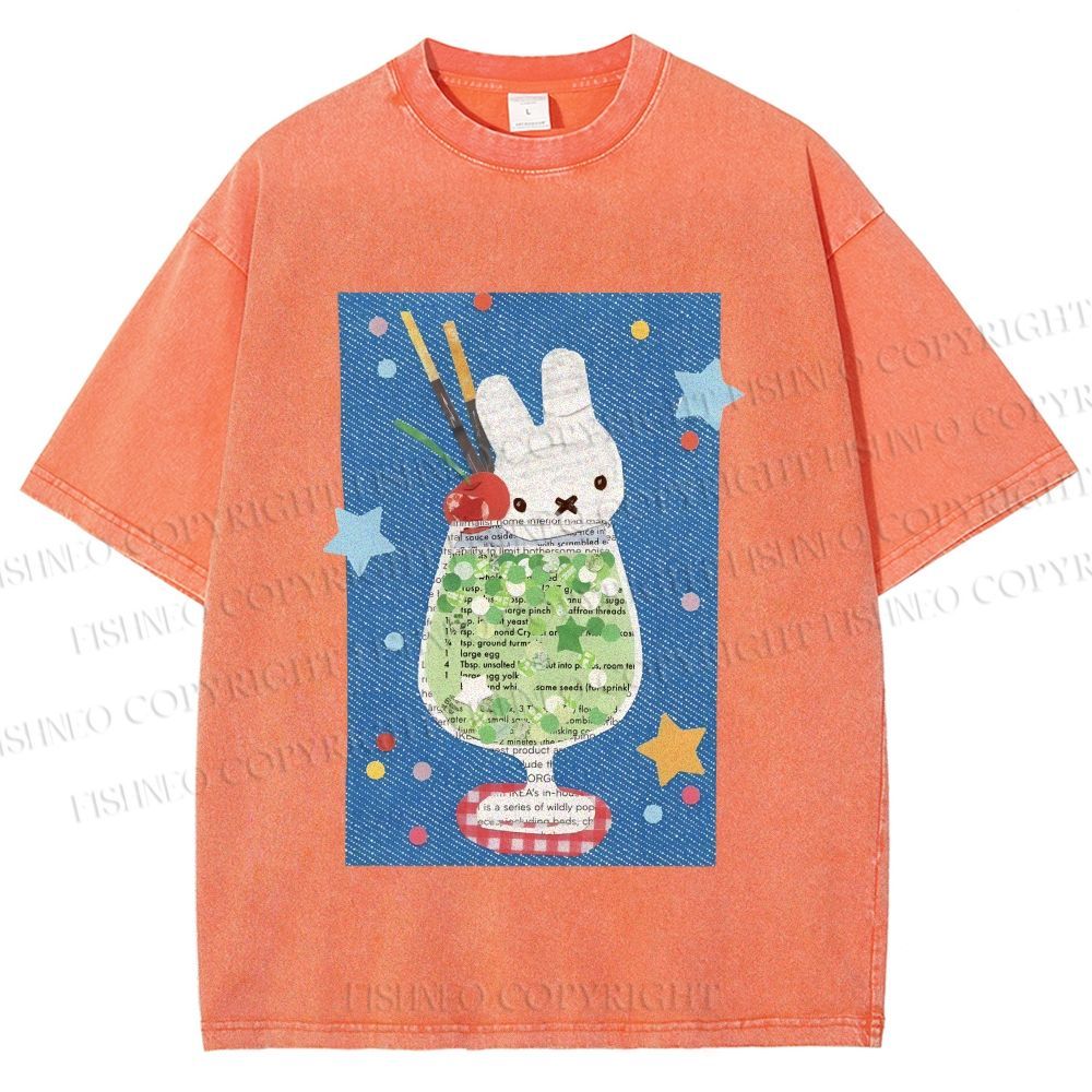 Unisex Cute Miffy Rabbit in Drink Printed Washed Tee