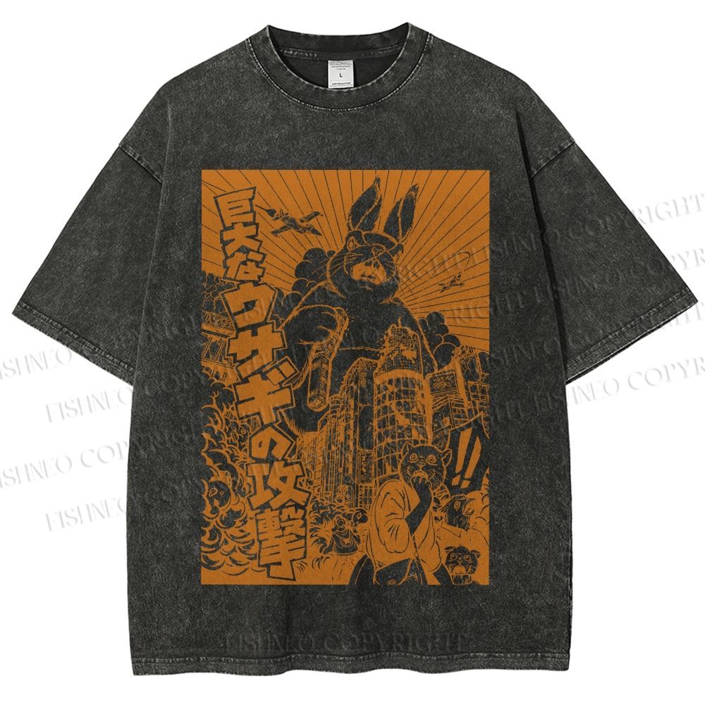 Unisex Giant Rabbit Attack Printed Washed Tee