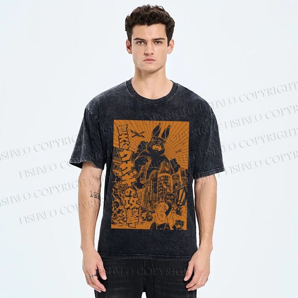 Unisex Giant Rabbit Attack Printed Washed Tee