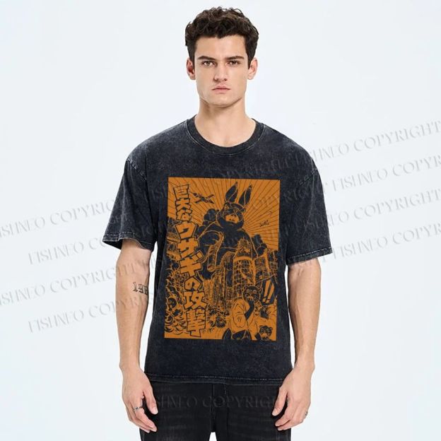 Unisex Giant Rabbit Attack Printed Washed Tee