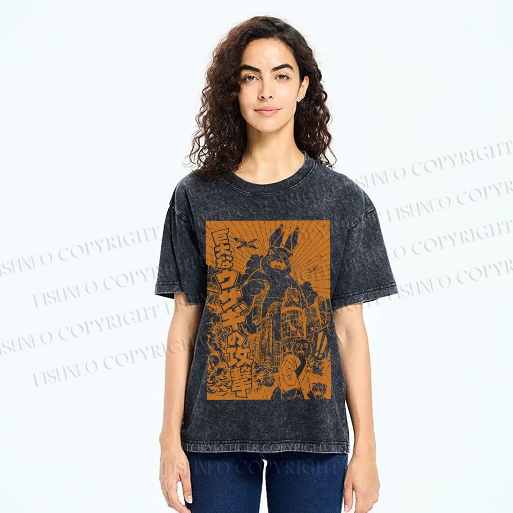 Unisex Giant Rabbit Attack Printed Washed Tee