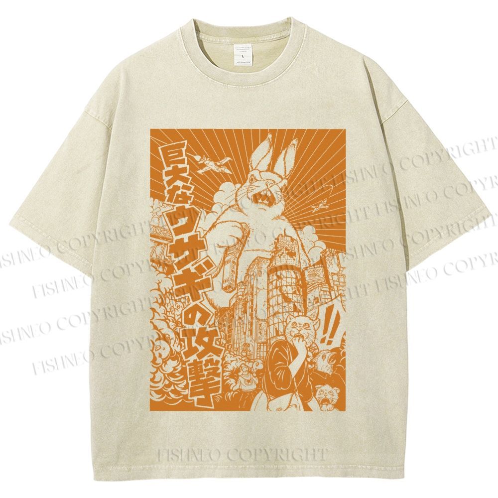Unisex Giant Rabbit Attack Printed Washed Tee