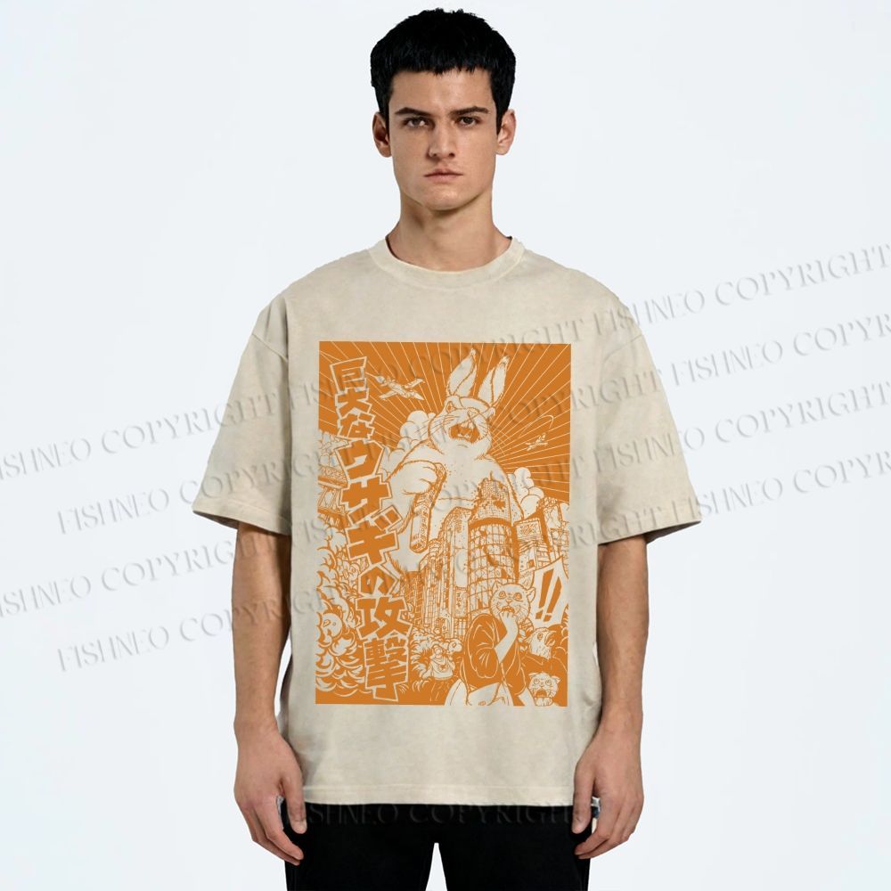 Unisex Giant Rabbit Attack Printed Washed Tee