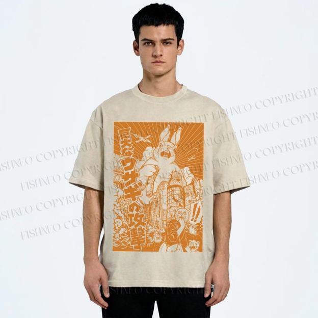 Unisex Giant Rabbit Attack Printed Washed Tee