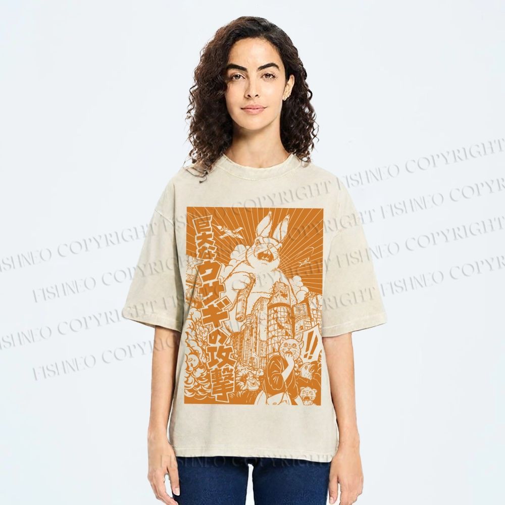Unisex Giant Rabbit Attack Printed Washed Tee