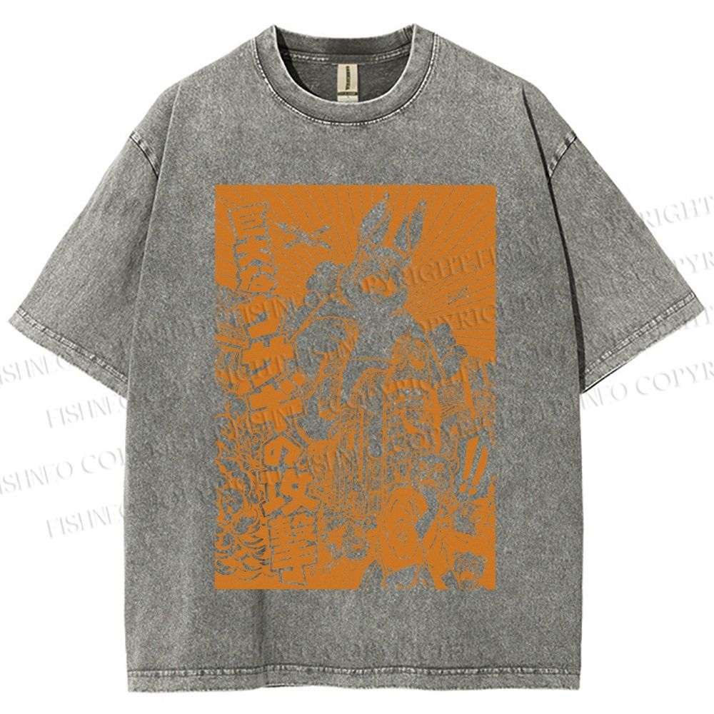 Unisex Giant Rabbit Attack Printed Washed Tee