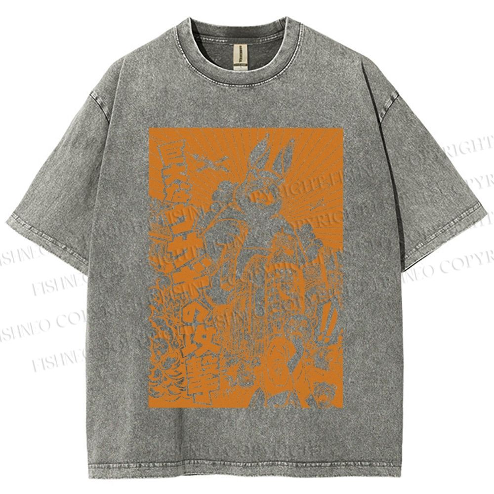 Unisex Giant Rabbit Attack Printed Washed Tee
