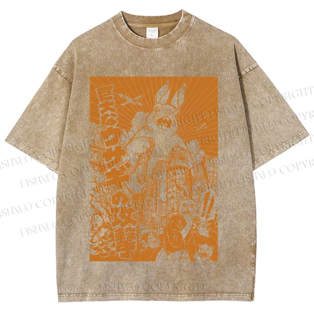 Unisex Giant Rabbit Attack Printed Washed Tee