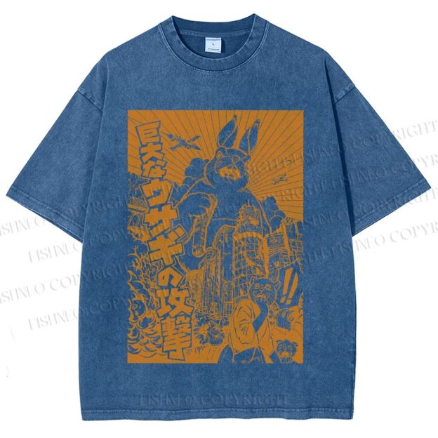 Unisex Giant Rabbit Attack Printed Washed Tee