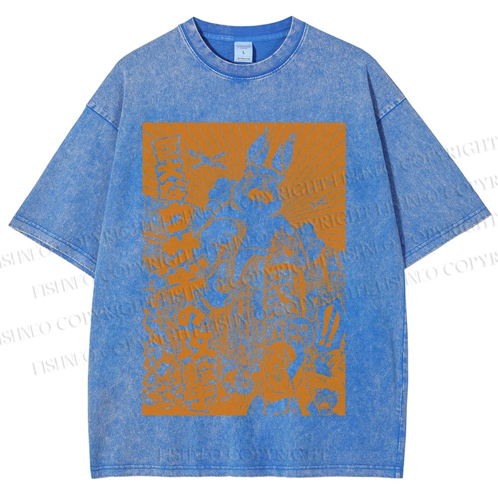 Unisex Giant Rabbit Attack Printed Washed Tee