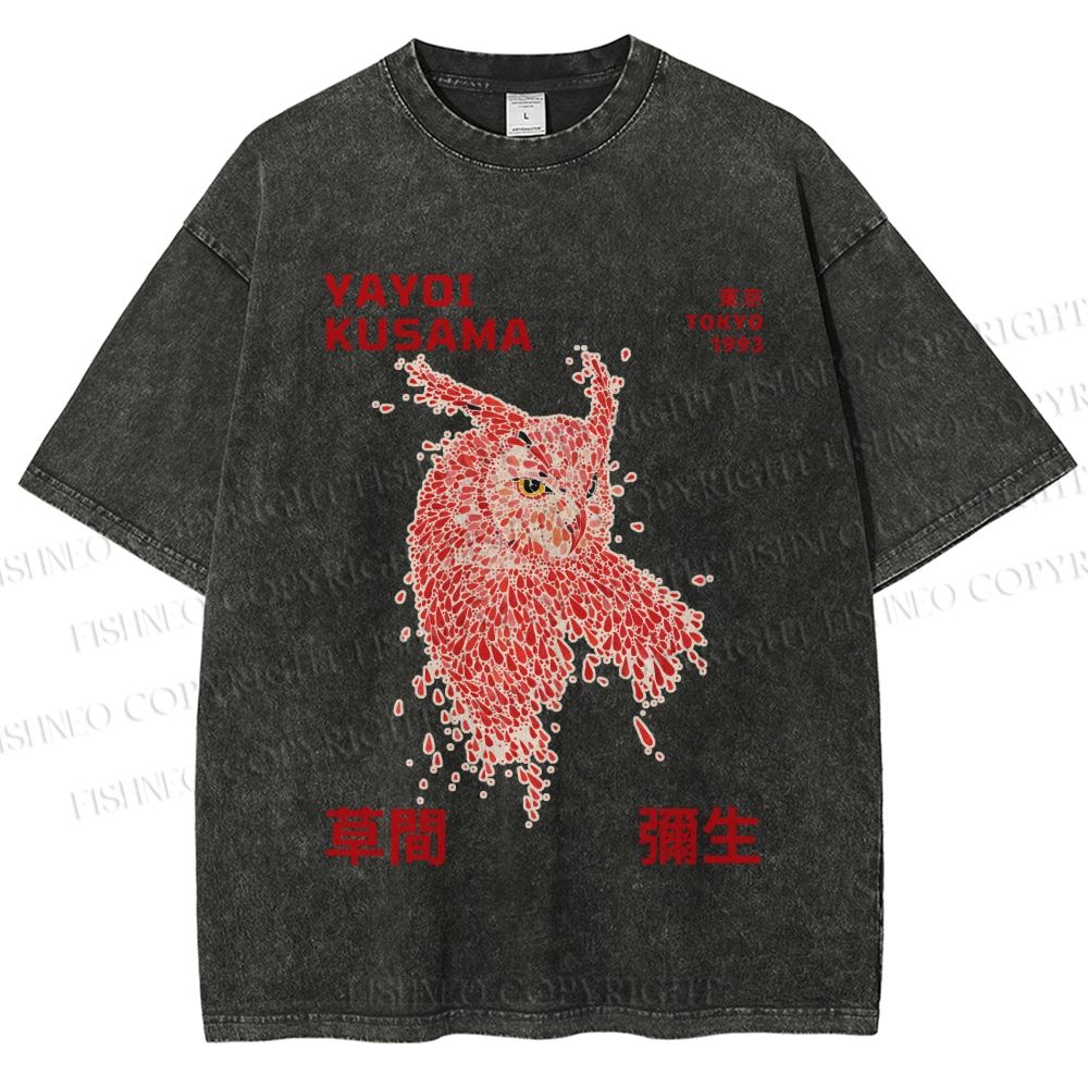 Unisex Yayoi Kusama Owl With Dots Printed Washed Tee