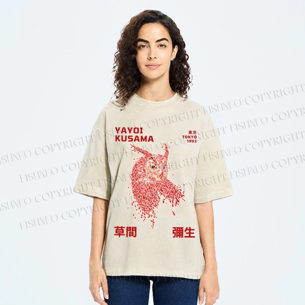 Unisex Yayoi Kusama Owl With Dots Printed Washed Tee