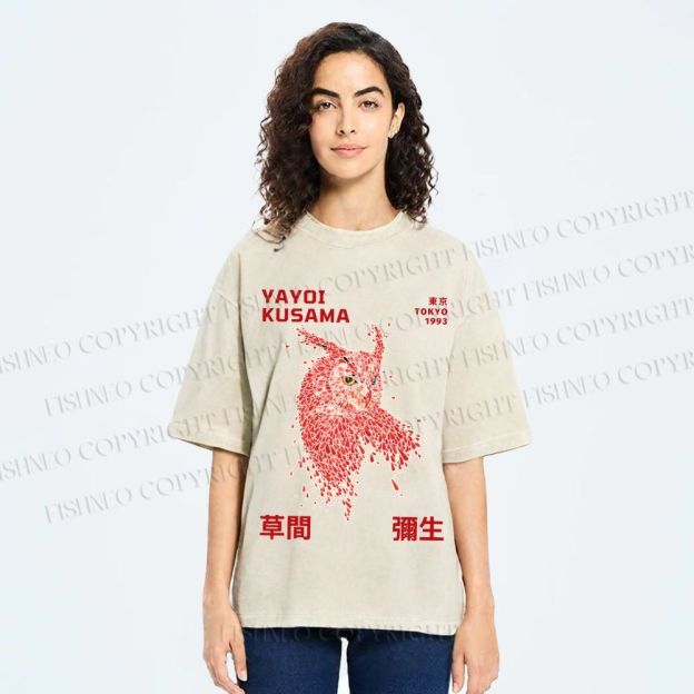 Unisex Yayoi Kusama Owl With Dots Printed Washed Tee