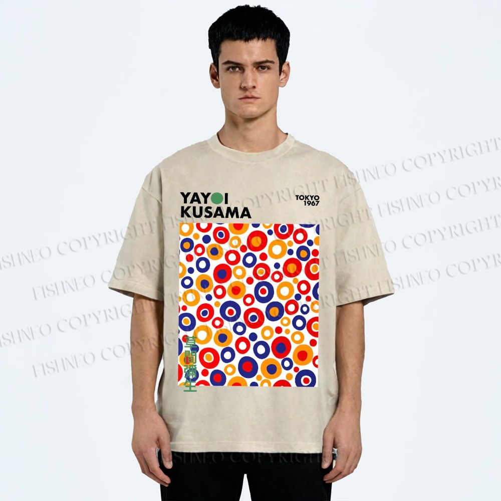 Unisex Yayoi Kusama Multicolor Dots Printed Washed Tee