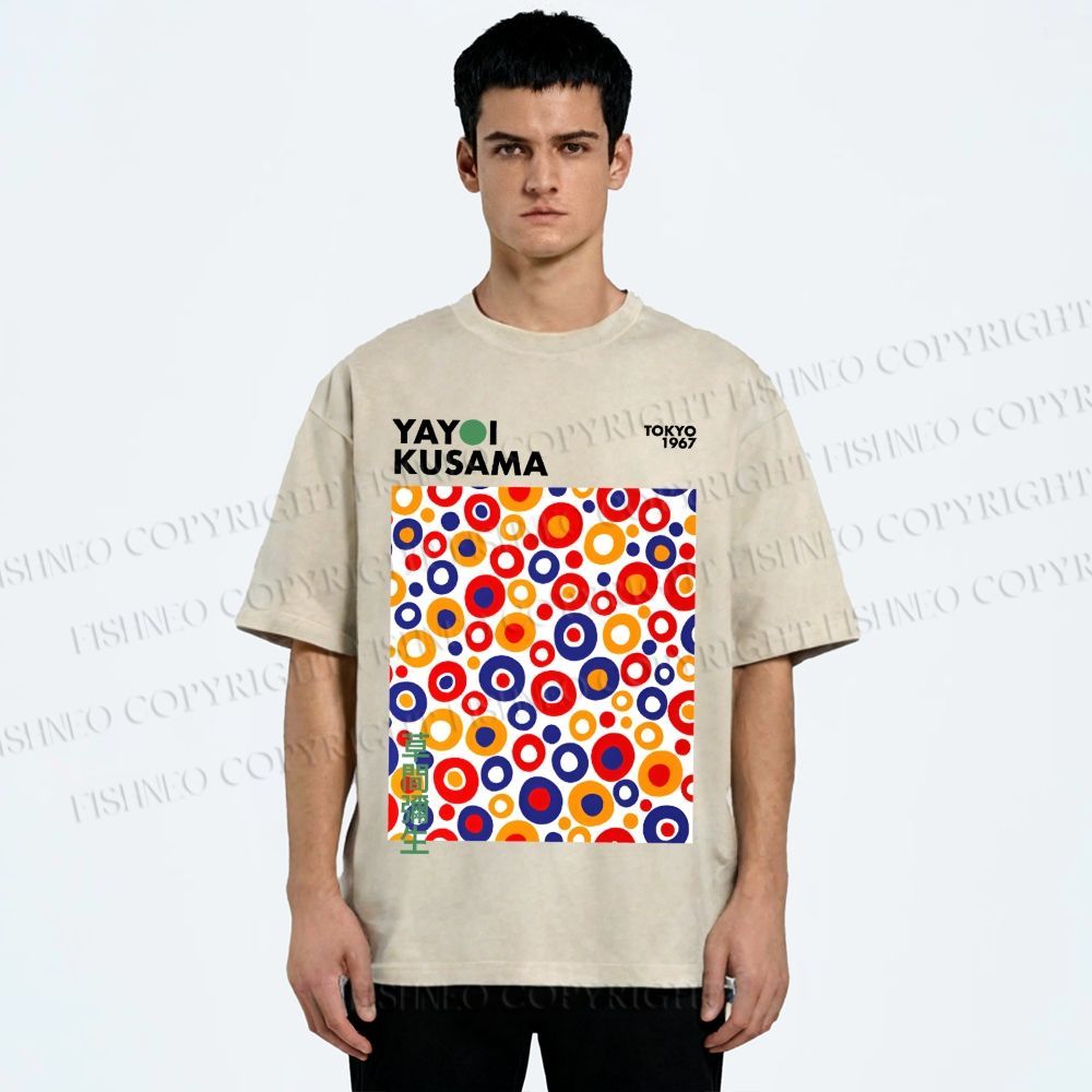 Unisex Yayoi Kusama Multicolor Dots Printed Washed Tee