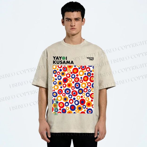 Unisex Yayoi Kusama Multicolor Dots Printed Washed Tee