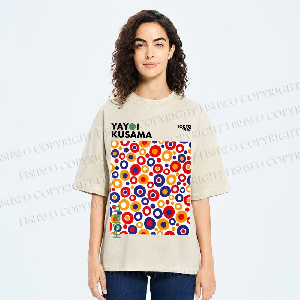 Unisex Yayoi Kusama Multicolor Dots Printed Washed Tee