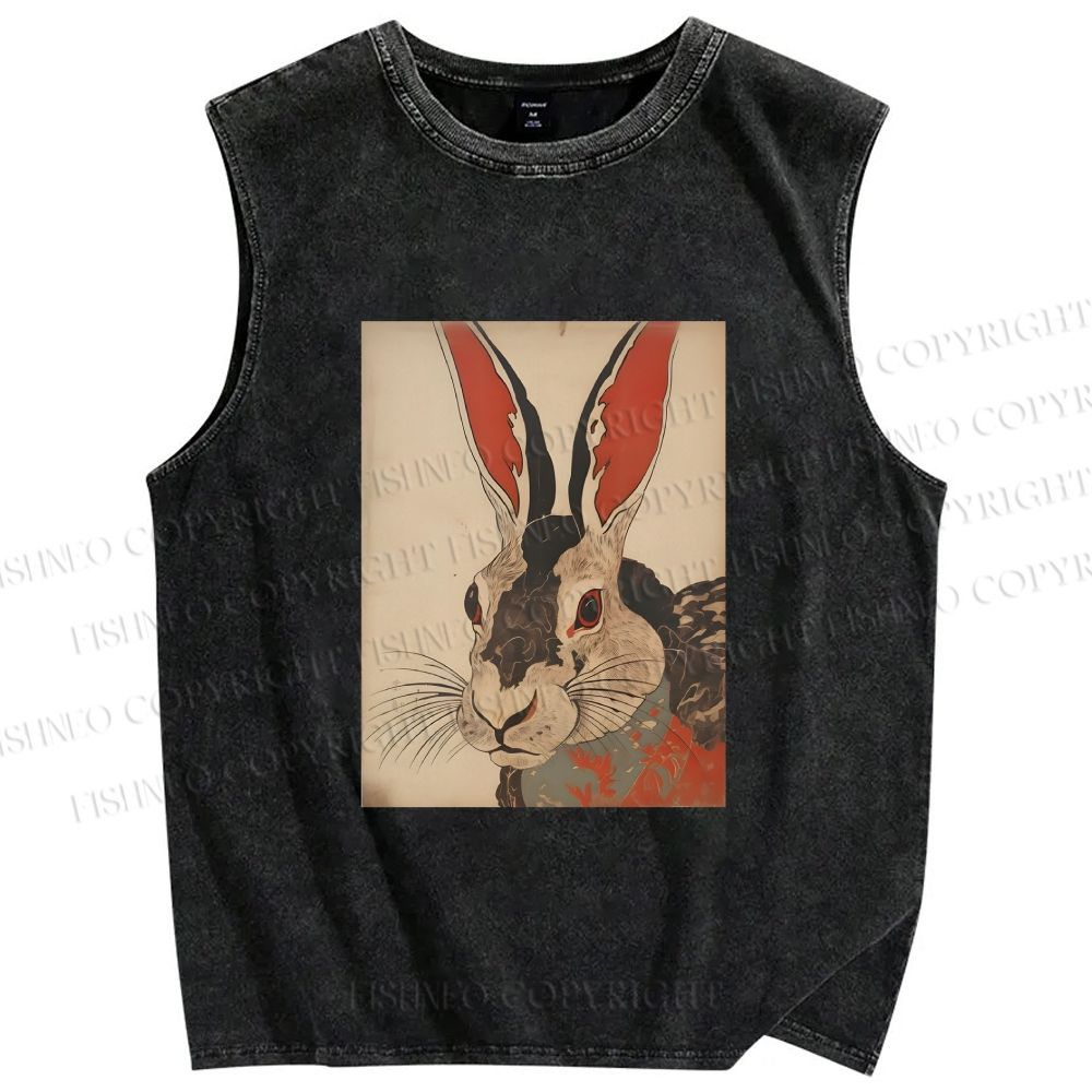 Unisex Vintage Japanese Rabbit Printed Washed Tank Top