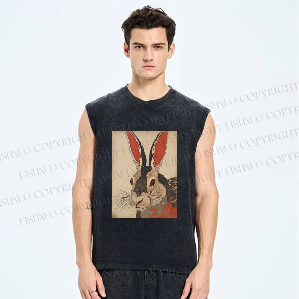 Unisex Vintage Japanese Rabbit Printed Washed Tank Top