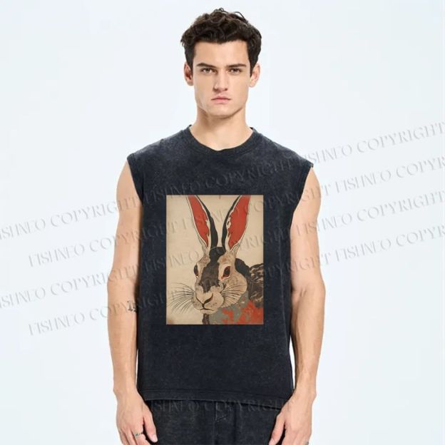 Unisex Vintage Japanese Rabbit Printed Washed Tank Top