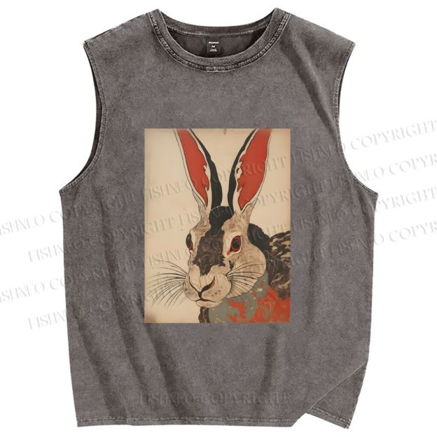 Unisex Vintage Japanese Rabbit Printed Washed Tank Top