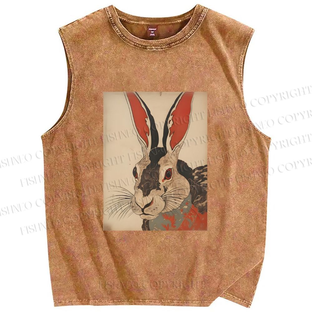 Unisex Vintage Japanese Rabbit Printed Washed Tank Top