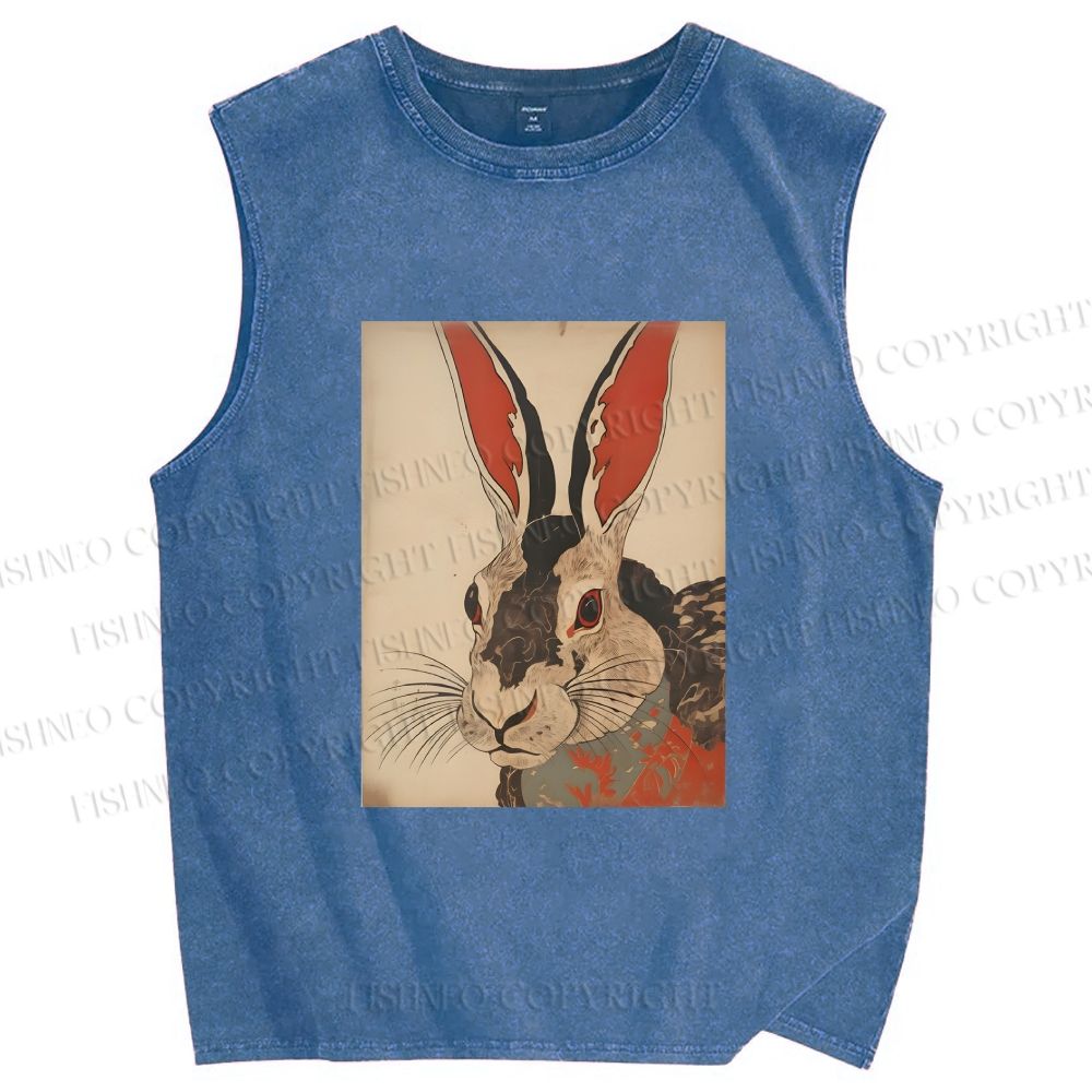 Unisex Vintage Japanese Rabbit Printed Washed Tank Top