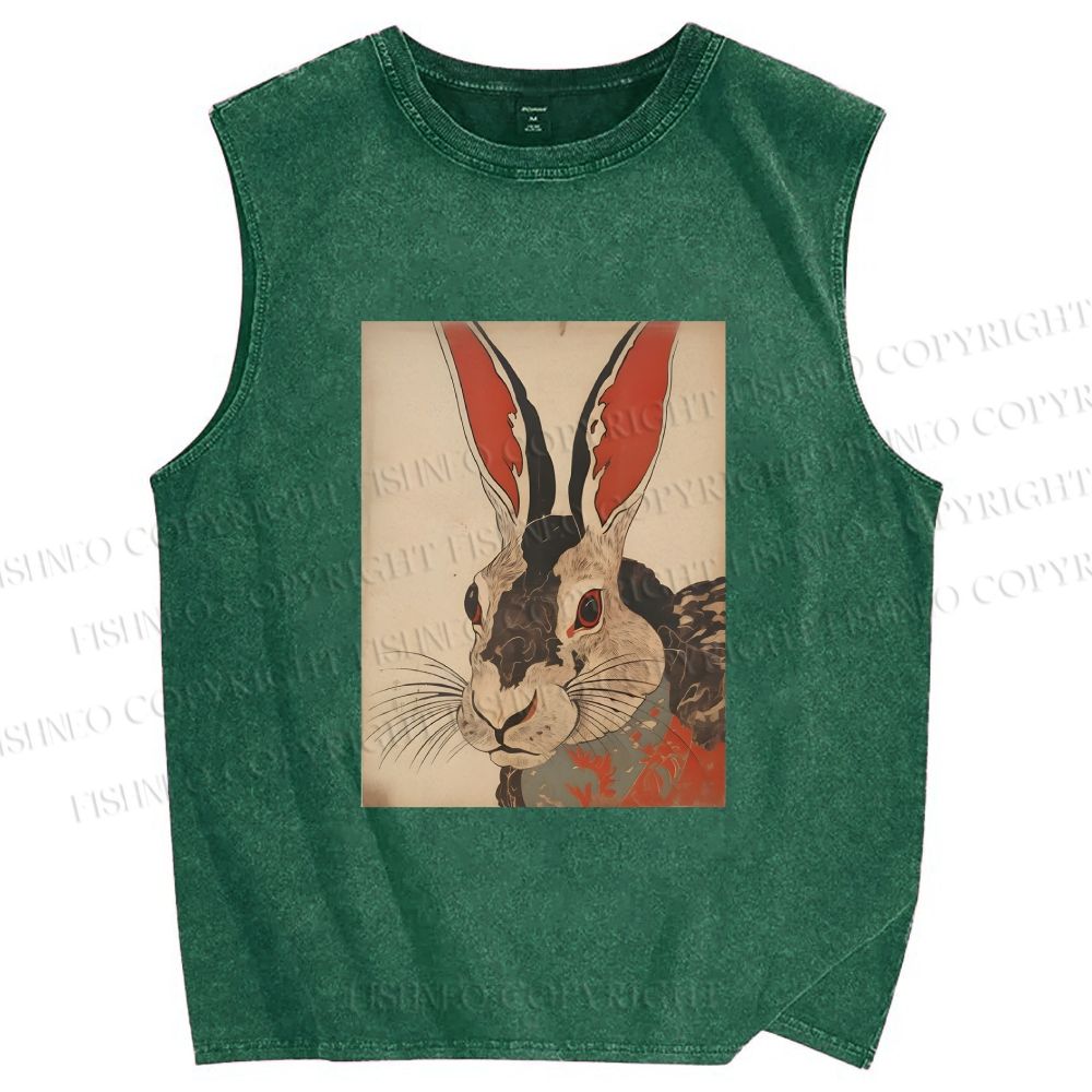 Unisex Vintage Japanese Rabbit Printed Washed Tank Top