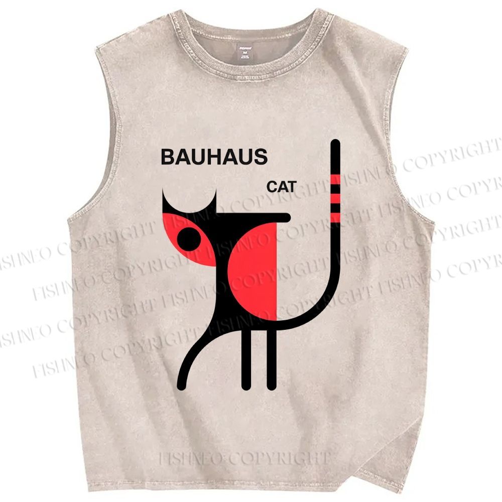 Unisex Bauhaus Cat Printed Washed Tank Top