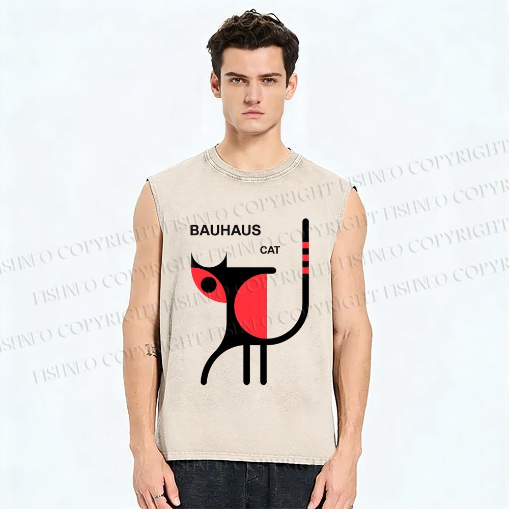 Unisex Bauhaus Cat Printed Washed Tank Top