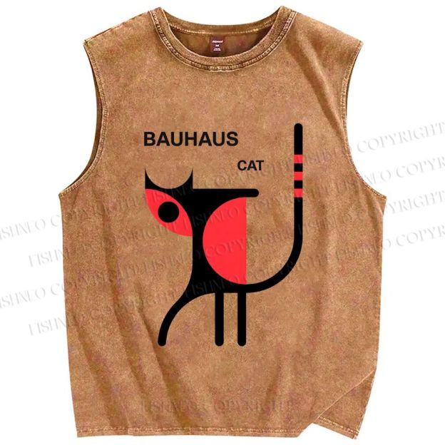 Unisex Bauhaus Cat Printed Washed Tank Top