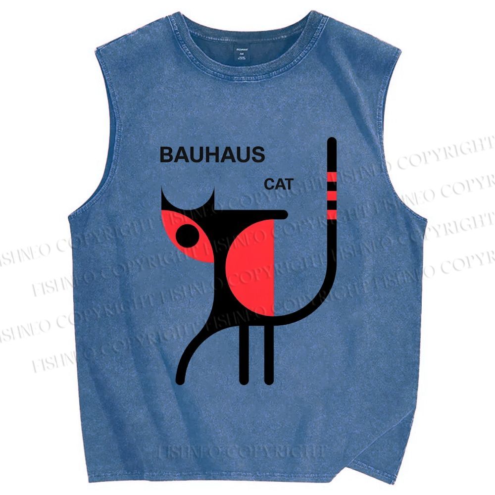 Unisex Bauhaus Cat Printed Washed Tank Top