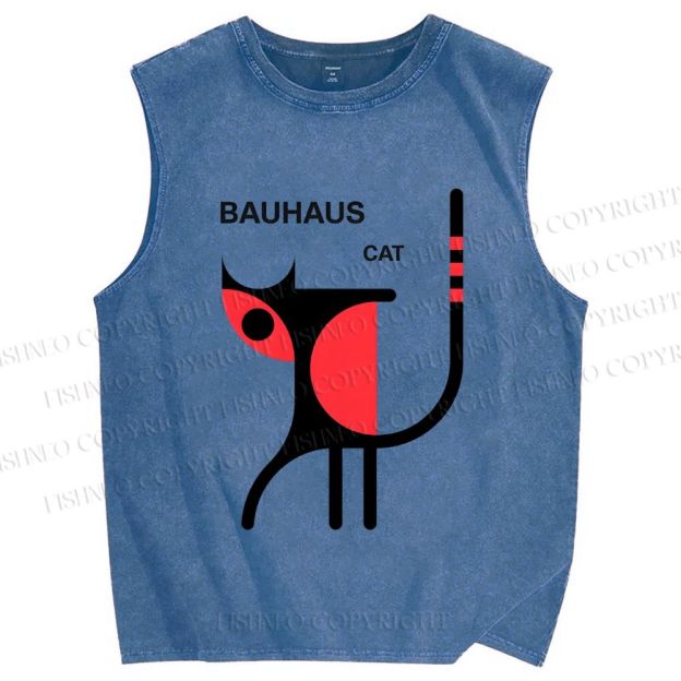 Unisex Bauhaus Cat Printed Washed Tank Top