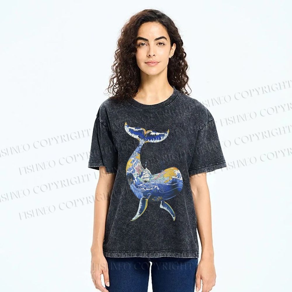 Unisex Artistic Cartoon Whale Printed Washed Tee